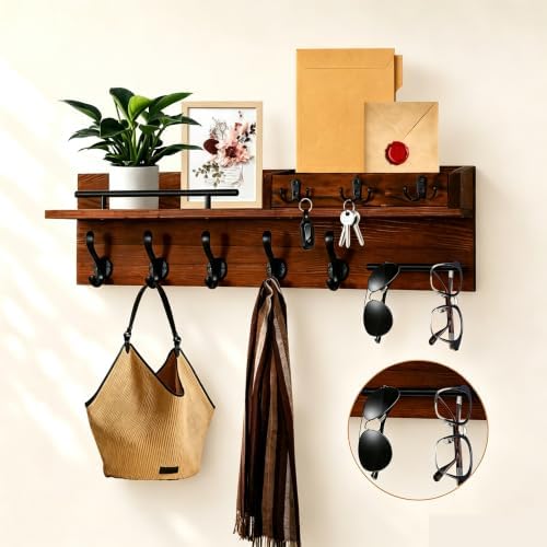29" Wooden Wall Mounted Coat Rack with Shelf - 5-in-1 Entryway Organizer with 8 Hooks (5 Coat Hooks + 3 Key Hooks), Mail Holder & Display Shelf & glasses Hanger for Doorway, Bedroom, Garage Entrance by GUDGIchoiceforfamilylife