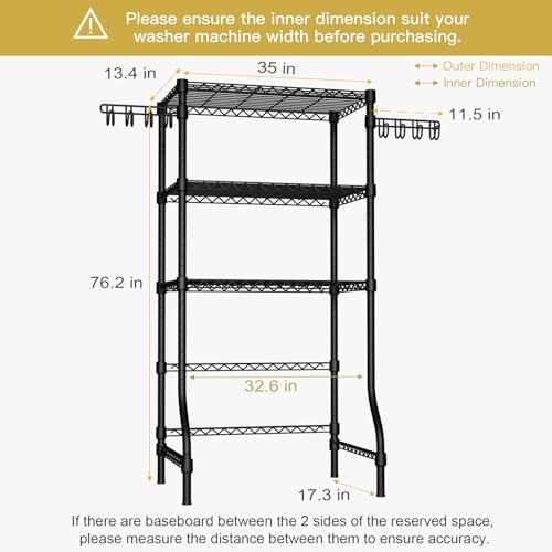 Ulif U8 Laundry Room Storage Organizer, Over the Washer and Dryer Storage Shelves for Laundry Organization, 35" W x 17.3" D x 76.2" H, Suit Washing Machine Width Within 32.6", Hold 304 lb, Black - Image 3