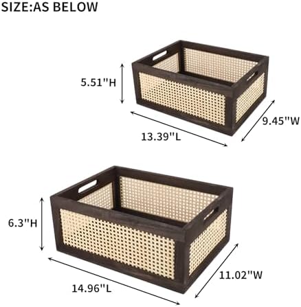 Rattan Wooden Storage Basket with Handle, Brown Set of 2 - Image 2