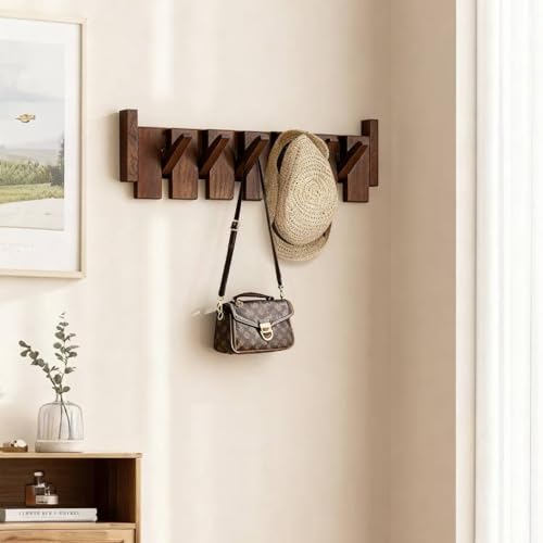Black Walnut Piano Coat Rack, Coat Hooks for Wall with 6 Magnetic Retractable Hooks, Heavy Duty Space Saving Wall Mounted Coat Rack for Entryway, Bedroom, Mudroom - Image 6