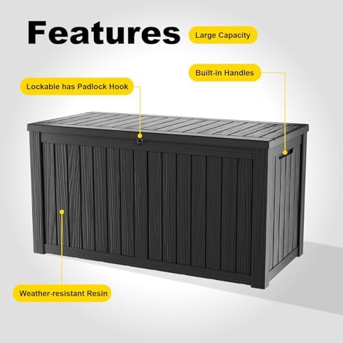 Outdoor Waterproof Resin Storage Deck Box Lockable Outside Bench UV Resistant Bin Patio Porch Furniture Pool Float Garden Tool Cushion (Black, 180 Gallon) - Image 5