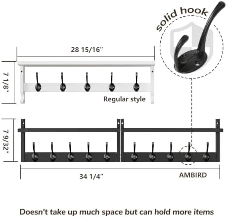 AMBIRD 34.2" Extra Long Wooden Wall Hook Rack with Shelf - Versatile and Decorative Wall-Mounted Storage with 10 Hooks for Coats, Hats, Keys - Ideal for Entryways, Bedrooms, Closets (Stylish Black) - Image 5