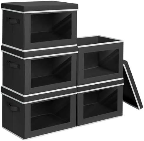Homsorout Stackable Storage Bins with Lids - Medium Storage Box with Lids, Foldable Closet Boxes for Organizing, Wardrobe Clothes Organizer with Window, Cubes Bins for Living Room, 5 Pack, Black by Homsorout