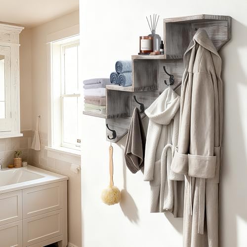 Hookmous Coat Rack Wall Mount with Shelf, White Wall Shelf with Hooks, Sturdy​​ Wooden Rise Staircase Shelves, Space-Saving Decorative Organizer for Entryway, Mudroom, Hallway, Living Room, Bedroom - Image 4