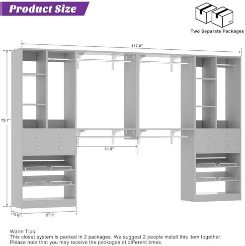 [10 FT Closet System] 120 Inch Reversible Set of 2 Wood Closet Organizer System with 4 Drawers, 6 Hanging Rods Adjustable Shelf, Shoe Rack, Morandi Grey - Image 3