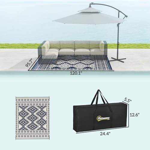 Outsunny Outdoor Rug for Patio Waterproof 8' x 10' Blue & White Rhombus - Image 3