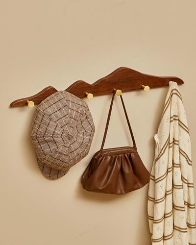 Wood Coat Hooks Wall Mount - Wooden Coat Rack with 6 Gold Brass Hooks for Entryway Bathroom Bedroom, Modern Decorative Wall Hooks Heavy Duty Organizer for Hanging Clothes Hats Bags Robes Towels Purse - Image 2