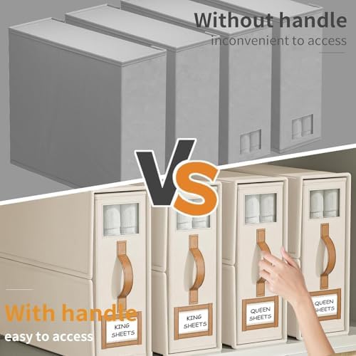 6 Pack Foldable Bed Sheets Set Organizers and Storage(King & Queen Size),Linen Fabric Closet Organizers with Window,Folding Bedding Storage Box for Bedsheets and Pillow Cube Organizer-Beige - Image 3