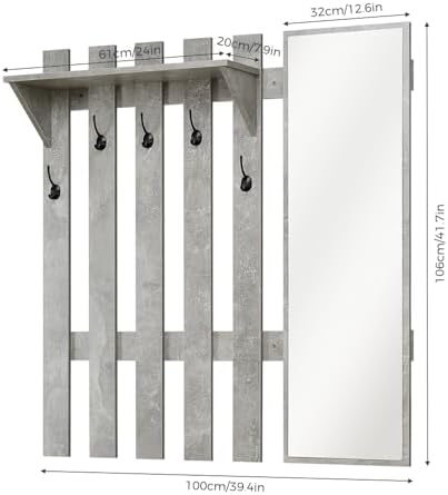 39.4" Coat Rack Wall Mount with Mirror, Wall Shelf with 5 Hooks and Storage for Hallway Entryway Modern (Grey) - Image 4