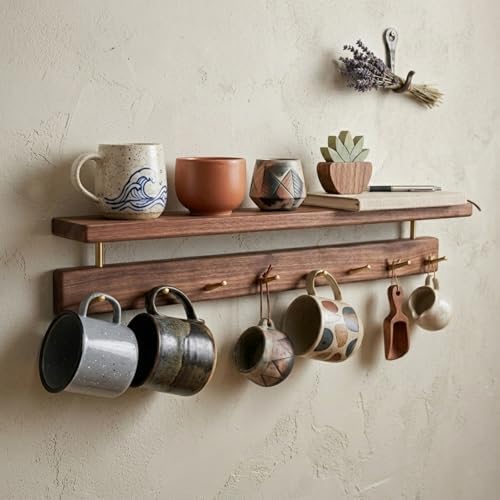 Walnut Wood Coat Rack with Shelf, Wall Mounted Rack with 5 Hooks - Image 3
