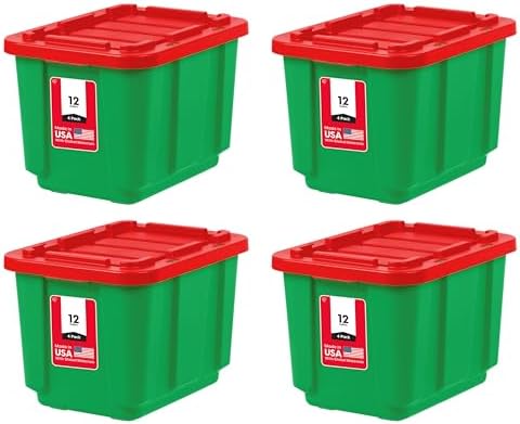 IRIS USA 4-Pack 12 Gallon Storage Bins with Lids |Made in USA| Heavy Duty Plastic Tote Containers for Seasonal Organization, Large - Green/Red by IRISUSA