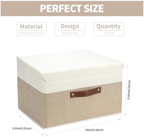 8 Pack Decorative Storage Bins Containers Fabric Bins with Lids Storage Baskets Bulk for Shelves Drawers, Desktop, Closet, Playroom, Classroom, Office, Bedroom, (15INx10INx10IN, Beige/White) - Image 3