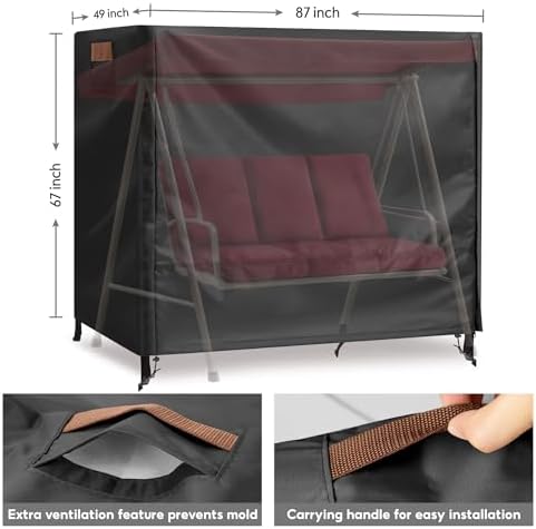 Outdoor Swing Covers for Patio Swing 3 Seater, 87" L X 49" D X 67" H, 3 Seat Swing Cover Waterproof, Porch Patio Swing Canopy Cover, Windproof UV Resistant All Weather Protector - Black - Image 2