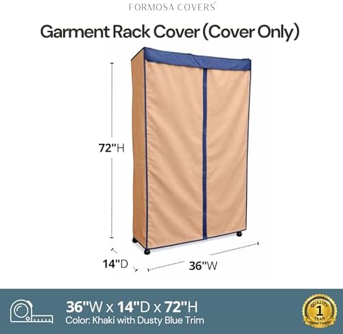 Formosa Covers Portable Garment Rolling Rack Cover - Protect Your Clothes from Dust Keep Your Room Looking Organized (Cover Only) (Beige Khaki with Dusty Blue Trim, 36" W x 14" D x 72" H) - Image 2