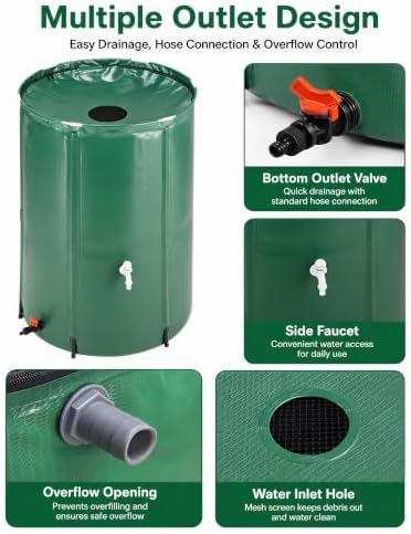 100 Gallon Collapsible Rain Barrel, Portable Rainwater Collection System, Water Storage Tank, Rain Catcher Barrel with Two Spigots and Overflow Kit, Rain Water Barrel Collector for Garden, Green - Image 6