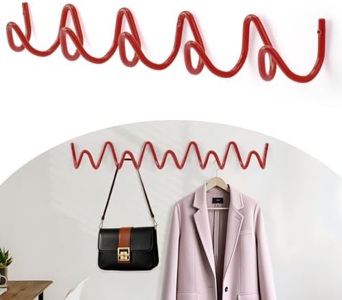 Coat Rack Wall Mount, Creative Wave Wall Hooks 20KG Capacity, Easy Installation, Multi-Purpose Hooks for Coat, Hat, Bag, Umbrella (Red, 49cm x 7.5cm (19.29" x 2.95")) by Bumtosc