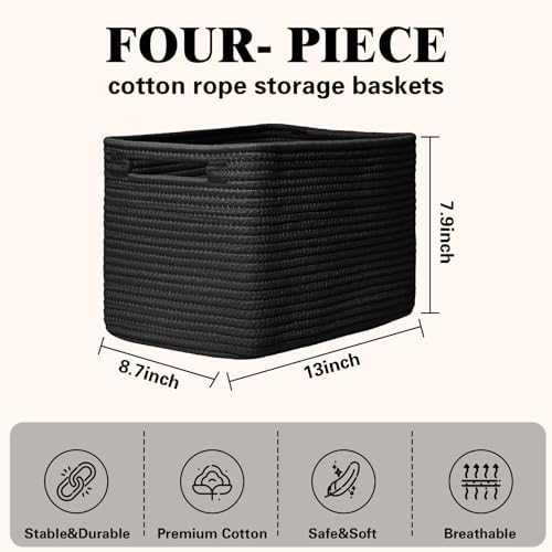 Storage Baskets for Organizing, 4 Pack Baskets for Shelves, Decorative Storage Bins for Shelves, Cotton Rope Storage Basket with Handles, Woven Basket for Storage, 13''Lx8.7''Wx7.9''H, Black - Image 3