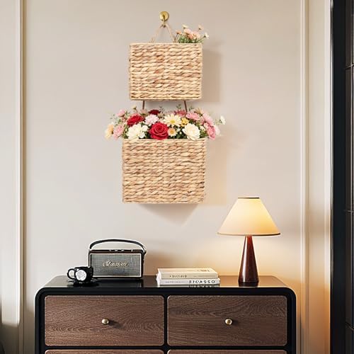 YAHUAN Woven Water Hyacinth Hanging Basket 2-Tiered Rectangular Storage Baskets Over the Door Organizer Hanging Organizer Hanging Wall Basket for Home,Kitchen,Garden, Office (Rectangular) - Image 6
