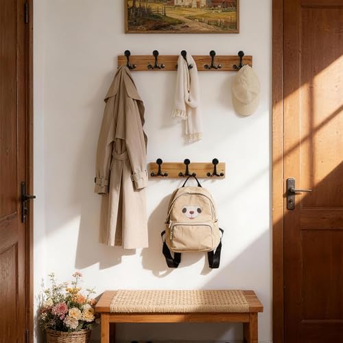 SKOLOO 24-Inch Wood Coat Rack Wall Mount with 5 Triple Hooks - Ideal for Family Entrances, Classrooms, and Pet Supplies Storage - Perfect Coat Hooks for Wall, Black on Natural - Image 3