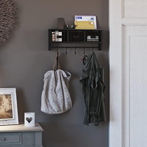 Merrick Lane Enid Wall Mount Storage Rack - Blackwashed Pine Wood - 24" Wide - Upper Shelf - 5 Hooks - Wire Baskets - For Entryway, Kitchen, Bathroom by MerrickLane