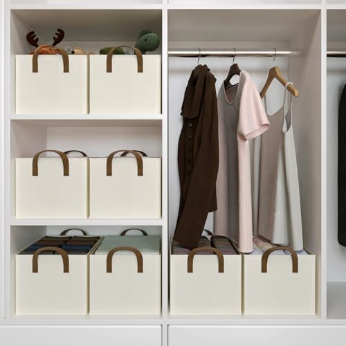Closet Storage Bins, Fabric Closet Organizers and Storage Basket for Shelves, Collapsible Shelf Baskets for Organizing Shelves, Bedroom Clothes Basket, Beige, 3 Pack - Image 5