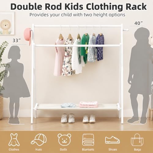 BAMBOOHOMIE Kids Clothing Rack, Small Clothes Organizer Rack, Kids Dress Up Rack with Storage Shelf & Double Rods, Bamboo Child Garment Rack for Playroom Toddler's Bedroom (Large Size - White) - Image 5