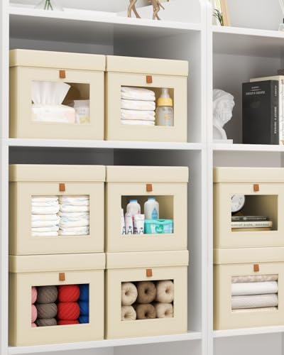 Homsorout Storage Bins with Lid – Closet Organizer with Side Opening and Clear Window, Foldable Stackable Fabric Basket for Clothes, Home, Office - 13.77" x 11.8" x 9.8", 6 Pack, Beige - Image 6