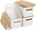 Plastic Storage Bins with Bamboo Lids, Stackable Small Box Baskets for Organizing and Containers for Shelves Drawers Desktop Closet Pantry Classroom Office Home, 4 Pack 12x7.3x6.2 Inch, White by ZFTMRR