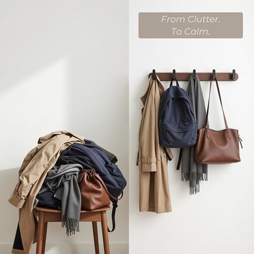 Jugen Coat Rack Wall Mount – Solid Black Walnut with 5 Heavy Duty Matte Black Hooks, Wooden Wall Coat Rack for Entryway, Coats, Hats & Bags - 19.7in, No Drill Adhesive or Hidden Screw Mount (2) - Image 3