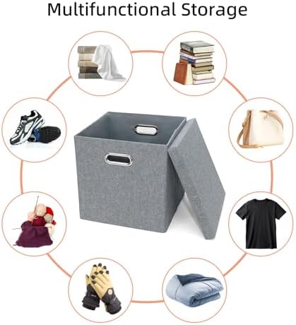 Storage Bins with Lids, Linen Fabric Boxes Organizer Containers with Lid Foldable Storage Box Basket for Closet, Shelves, Home, Office, 12 x 12 x 12 Inch, 4 Pack, Dark Gray, AG3006-7 - Image 5