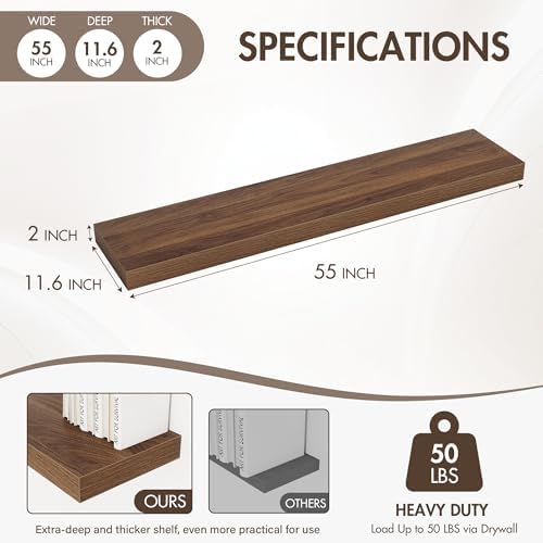 Acovy 55 Inch Floating Shelves, 12" Deep Floating Shelf Wall Mounted, 55" Wall Shelves, Rustic Deep Bookshelf, Extra Deeper & Thicker Display Shelves for Bedroom, Living Room, Set of 1 - Image 4