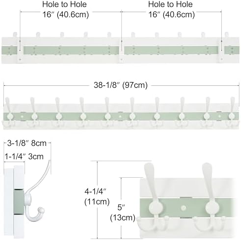 SKOLOO Coastal Wall Mounted Coat Rack - 38-1/8" Beach House Entryway Wooden Coat Hook with 10 Hooks for Hanging Coats, Hats or Towels, Oceanfront Cottage Core Collection, White & Green - Image 3