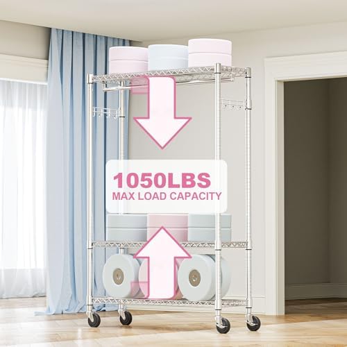 M MZG Heavy Duty Rolling Garment Rack 3 Tiers Adjustable Wire Shelving Clothes Rack with 1 Rods and Side Hooks,Storage Closet Clothing Rack with Wheels Chrome 15.7" D x 45.3" W x 75.6" H - Image 5
