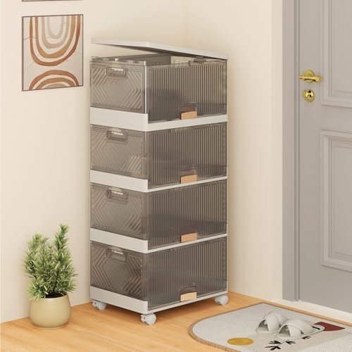 Giantex 4 Tier Stackable Storage Bins with Lids, 18 GalFoldable Shoe Storage Box with Detachable Wheels & Flip-Up Doors, Collapsible Closet Organizers and Storage Bins - Image 2
