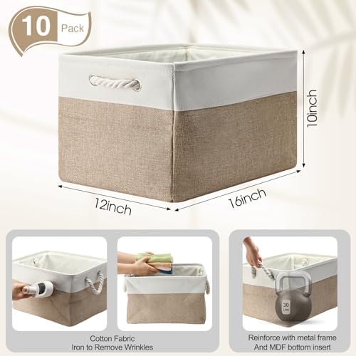 FoldTier 10 Pack Large Collapsible Fabric Storage Baskets with Handles Decorative Storage Bins for Organizing Shelves Toys Clothes(White & Beige,16 x 12 x 10 Inches) - Image 2