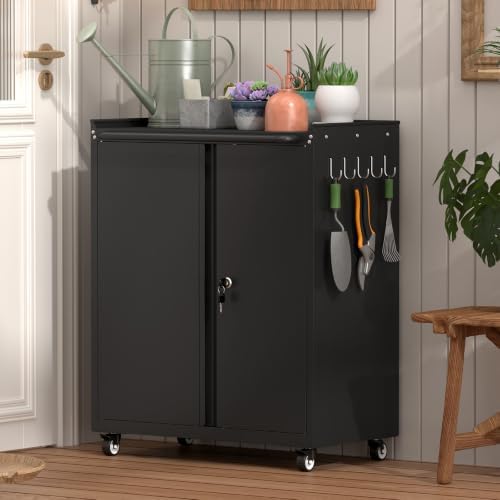 GREATMEET Garage Storage Cabinet with Wheels, Lockable Metal Storage Cabinet, Rolling Tool Cabinet with Adjustable Shelf, Push Handle for Shop, Home, Office, Black - Image 4