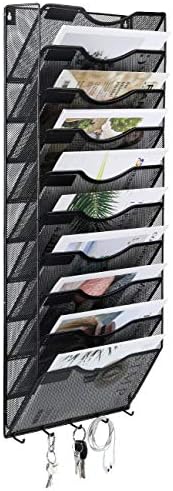 EasyPAG 10 Pocket Mesh Wall File Organizer with Key Hooks, Hanging Paper Folder Holder with Classify Label, Vertical Wall Mount Mail Organizer for Office Home Classroom, Black - Image 2