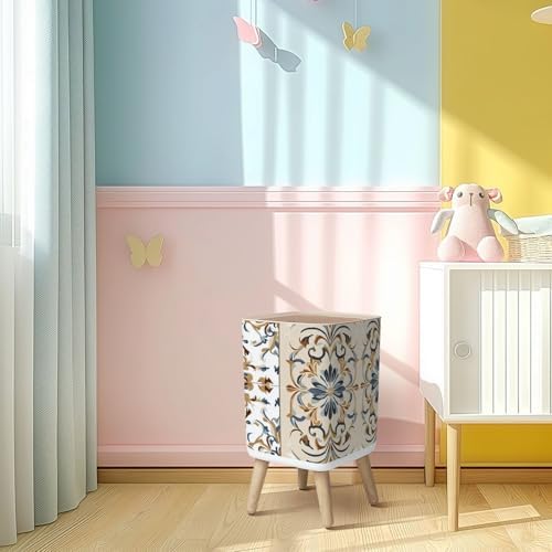 Small Trash Can with Lid Seamless Azulejo tile Portuguese Spain decor Ceramic tile Victorian Wastebasket with Press Cover Dog Proof Garbage Can Waste Bin for Kitchen Bathroom Nursery 2.6 Gallon - Image 2