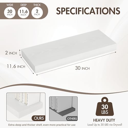 Acovy 30 Inch Floating Shelves, 12" Deep Floating Shelf Wall Mounted, 30" Wall Shelves, Rustic Deep Bookshelf, Extra Deeper & Thicker Display Shelves for Bedroom, Living Room, White, Set of 2 - Image 4