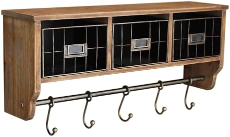 BizChair Wall Mounted Storage Rack - Rustic Brown Solid Pine Wood - 24 Inch - Upper Shelf - 5 Hooks - Wire Baskets - For Entryway, Kitchen, Bathroom by BizChair