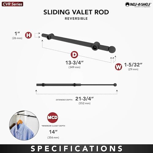 Rev-A-Shelf 14" Pull Out Valet Rod, Extendable Sliding Clothes Storage Hanging Rack with Mounting Hardware, Chrome, CVR-14-CR (2 Pack) - Image 4