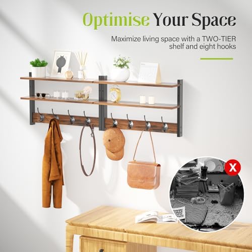 2 Tier Coat Rack Wall Mount with Shelf, 33" Wall Shelf with Hooks, Entryway Key Holder for Wall with 8 Heavy Duty Double Hooks, Coat Hook Wall Mounted for Bedroom, Living Room, Rustic Brown - Image 4