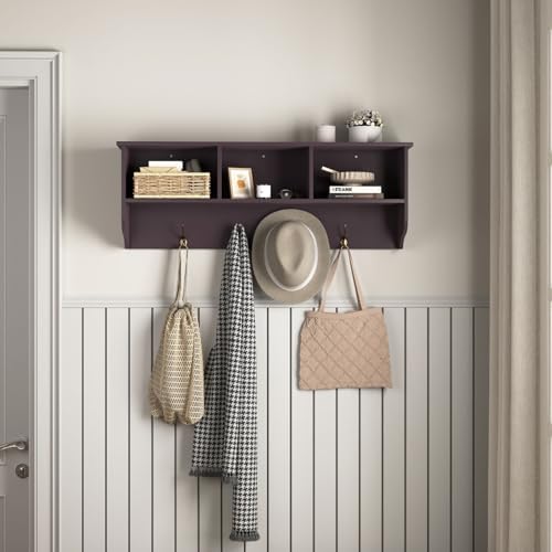 Wall Mounted Coat Rack with Shelf - Espresso MDF & Steel, 4 Hooks, 39"x8"x14" - Image 2