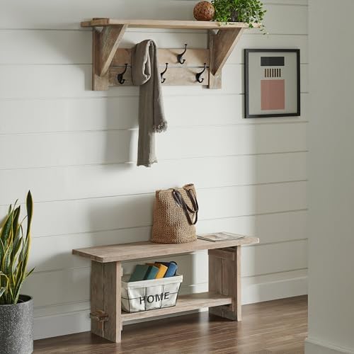 Alaterre Bethel Rustic Solid Wood Bench & Wall Mounted Coat Rack, Driftwood - Image 2