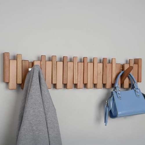 Beech Piano Key Coat Rack with 12 Flip Hooks, Natural - Image 7
