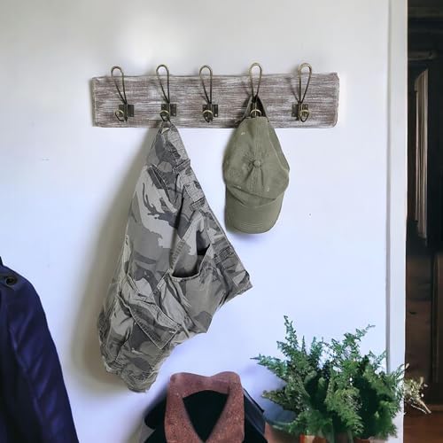 Coat Rack Wall Mount, Reclaimed Wood, 24 Inch, 5 Bronze Hooks, Whitewash - Image 4