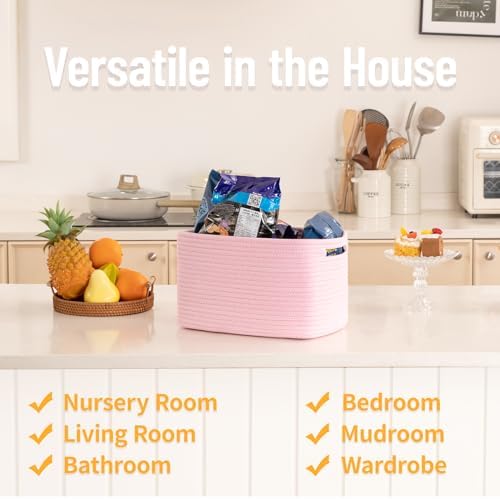 4 Pack Storage Baskets for Organizing Toys, Towels, and Clothes, Woven Basket for Shelves, Sturdy Nursery Cube Bins for Storage, 13''L x9''W x7.8''H, Pink - Image 4