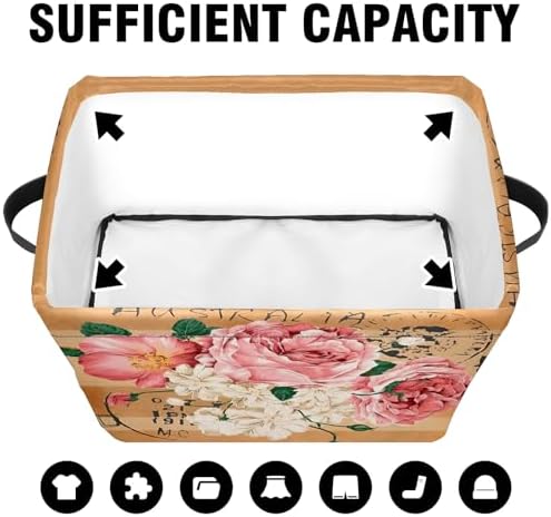 Vintage Rose Floral Foldable Baskets Storage Bins with Handles, Decorative Cloth Organizer Storage Boxes 2 sets - Image 4