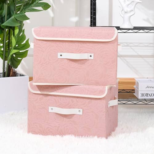 ANMINY Fabric Storage Box Bins with Lids, Rose Print, Pink, 4PCS Large - Image 2