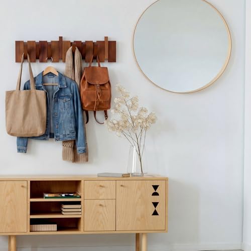 Youyole 8 Hook Wood Coat Rack Wall Mount Wooden Coat Hooks Rustic Wood Color Heavy Duty Flip Down Piano Hat Rack for Hanging Coats Keys Hats Robe Towels Home - Image 5